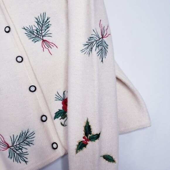 Susan Bristol Vintage Cream Holiday Embroidered Wool Cardigan Womens Size Medium - Picture 3 of 9